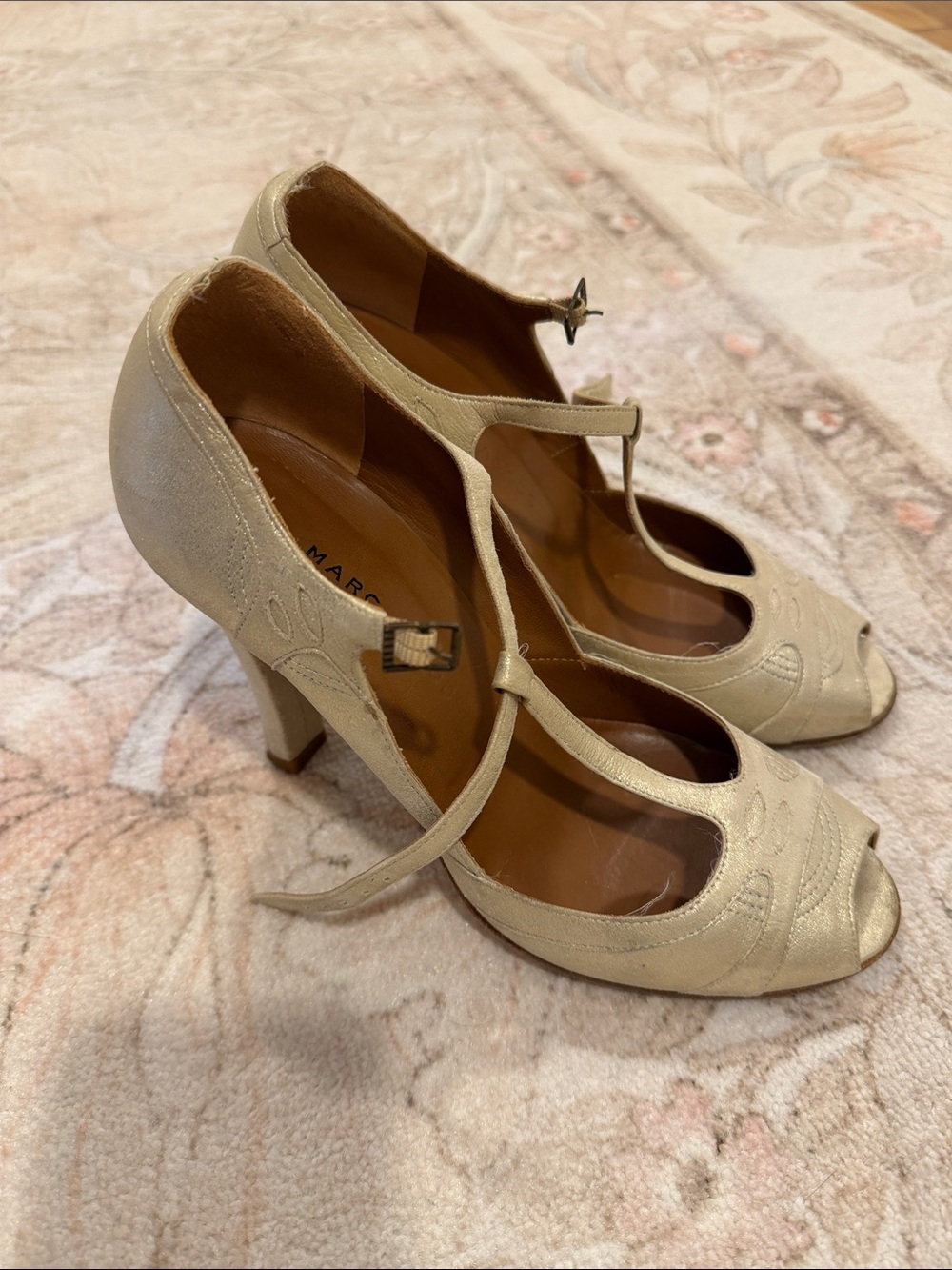 Marc Fisher Metallic Champagne T-Strap Peep-Toe Heels